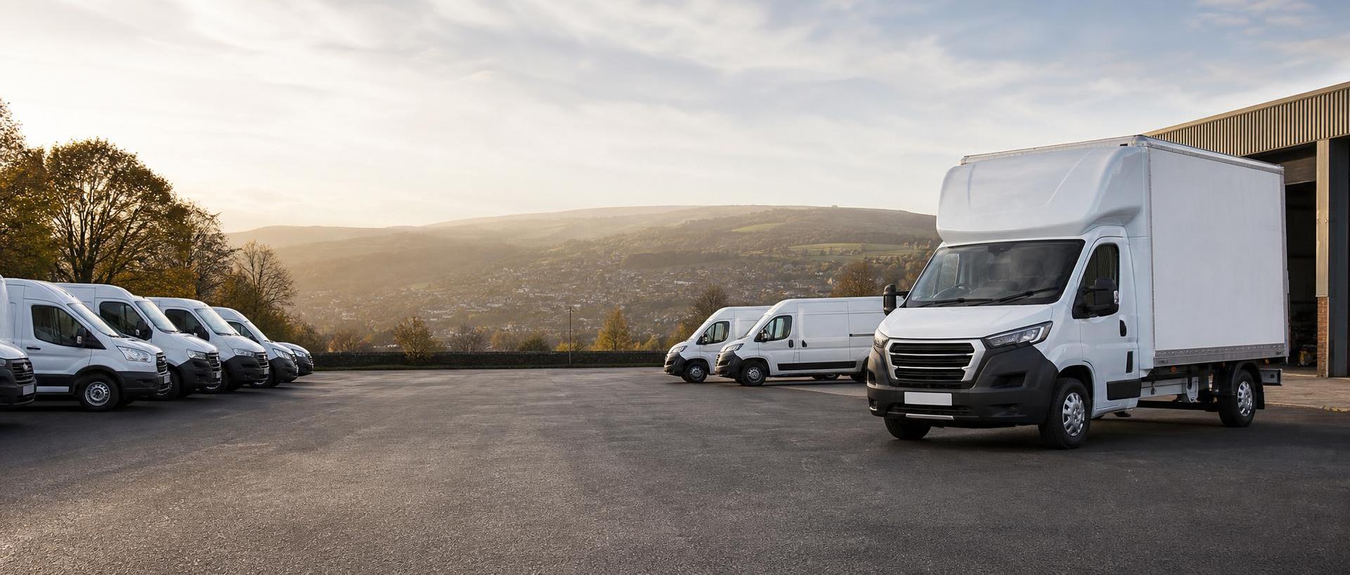 Clean vehicle hire fleet in Keighley led by a white Luton van with space for homepage text