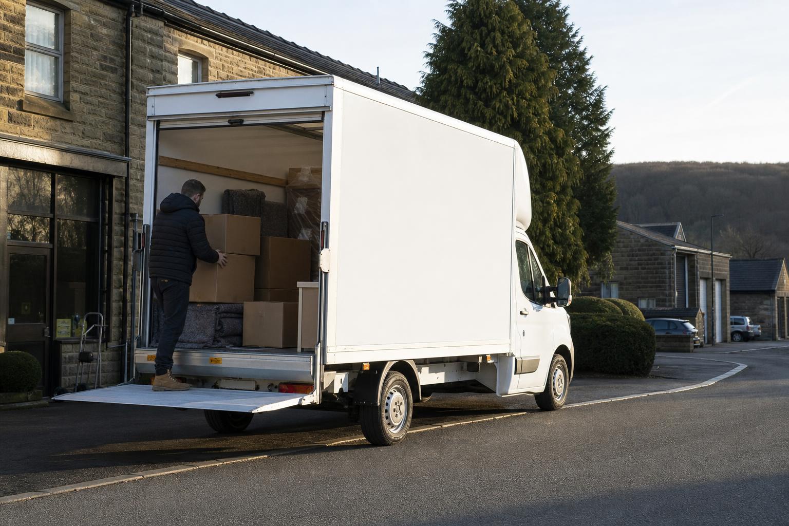 White Luton hire van with boxes loaded in a practical pickup scene in Shipley