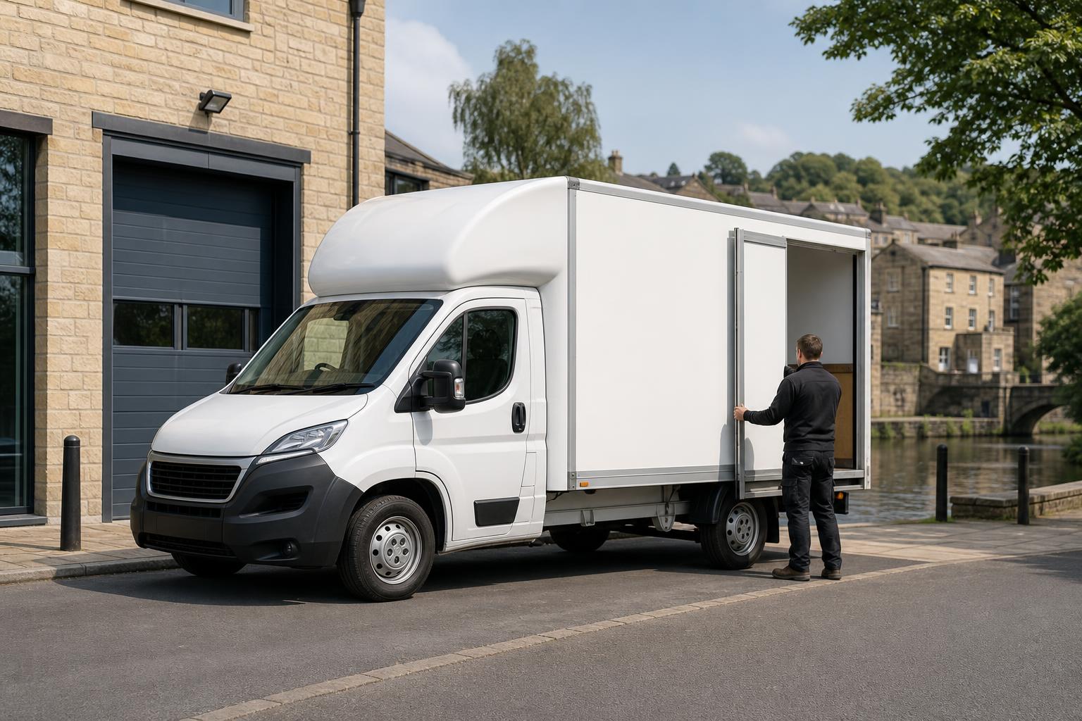 White Luton hire van in a business delivery setting in Bingley