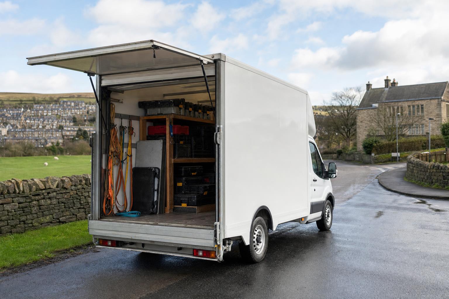 White Luton hire van on a quiet road near Silsden with semi-rural surroundings